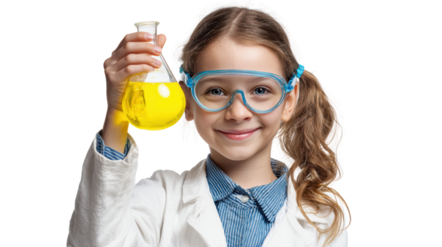 Young girl in glasses holding a flask with yellow liquid, excited about science experiment, white isolated background - Powered by Adobe