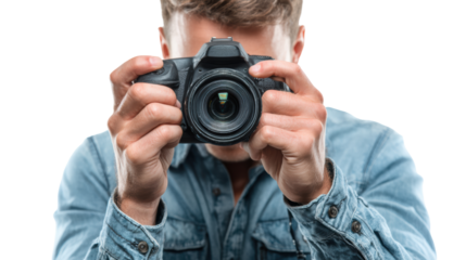 Young man holding a camera, ready to capture moments, isolated on white background.