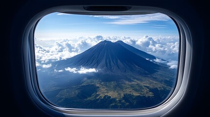 Naklejka premium Majestic volcano towering above clouds viewed from airplane window during daylight