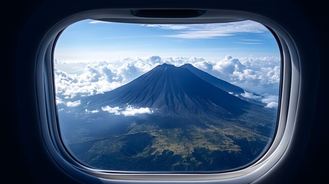 Majestic volcano towering above clouds viewed from airplane window during daylight