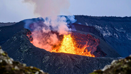 Fiery Volcanic Eruption: Witness the raw power of nature as a volcano erupts, spewing molten lava and billowing smoke into the sky, against a dramatic backdrop.