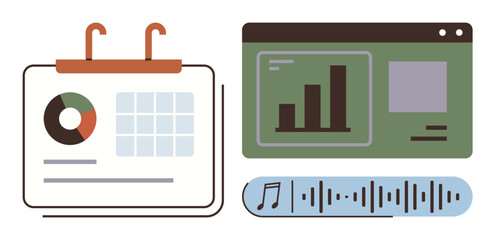 Calendar with chart and pie graph, bar chart in browser window, audio waveform with music note. Ideal for productivity, analysis, planning, management, workflow, creativity simple flat metaphor