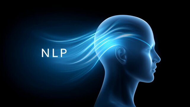 Natural language processing and law of attraction concept. A glowing human head with the word "NLP," waves streaming in to represent information flow.