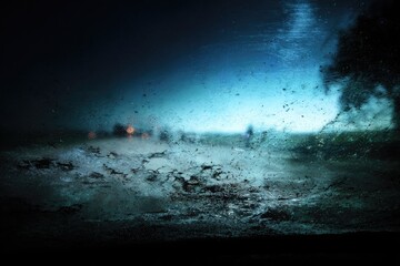 Nighttime storm viewed through a dirty window.  Blurred figures and landscape under a turbulent sky