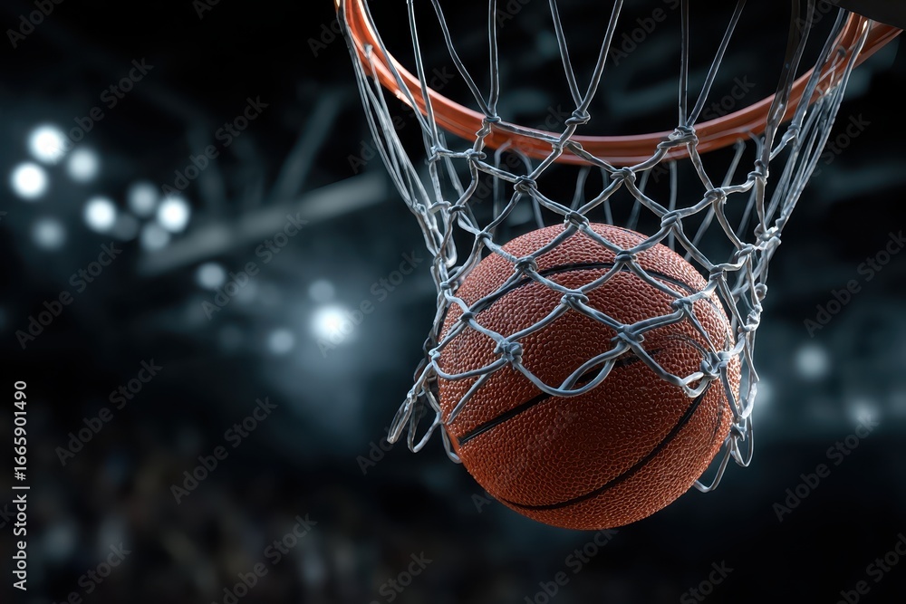 Poster basketball scores as the ball swishes through the net during an exciting game in a professional aren