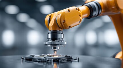 An orange robotic arm precisely working on a circuit board, highlighting automation.