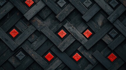A geometric pattern of black and red squares and diamonds.