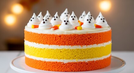 Delicious halloween cake with candy corn colors and meringue ghosts for a spooky party