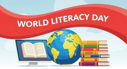 Celebrate world literacy day with books a computer and a globe promoting global education
