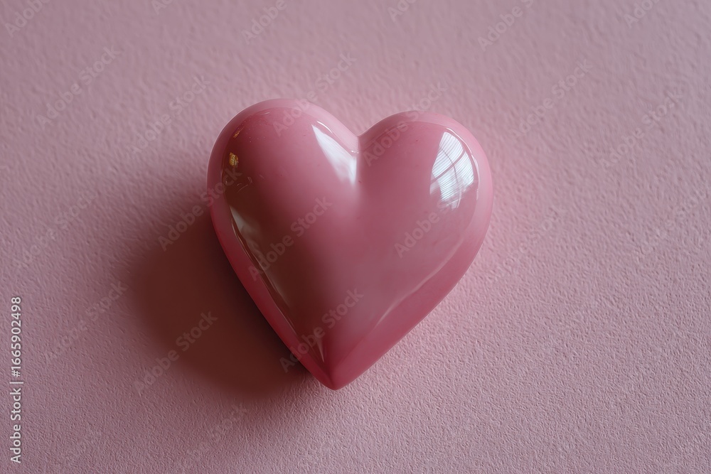 Poster heart shape in soft pink color with smooth surface resting on a matching pink background creating a 