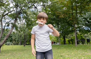 Joyful Boy Enjoying a Sweet Treat While Playing in a Sunny Park Filled With Lush Greenery and Vibrant Trees During a Bright Afternoon