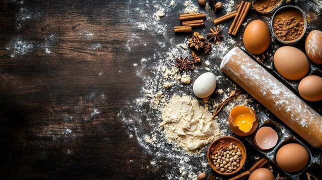 Baking background with eggshell rolling pin spices and dough