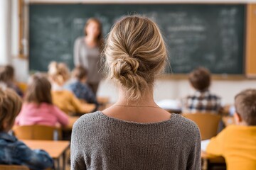 teacher helping students in classroom
