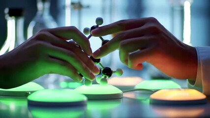 Two hands interacting with a molecular model in a modern lab, illuminated by colorful lights - Powered by Adobe