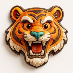 3 D rendered tiger head sculpture with open mouth showing teeth and tongue on a white background