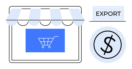 Online shop interface with cart symbol, export container, and dollar sign. Ideal for e-commerce, global trade, online retail, logistics, export business, digital marketing simple flat metaphor