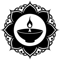 Diya Lamp Silhouette with Floral Frame Vector