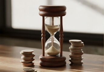 Hourglass with Coins, Time is Money and Financial Investment Concept