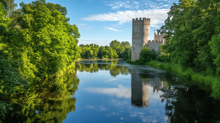 Beautiful historic castle mirrored in the water, surrounded by vibrant trees and gardens under a clear blue sky&mdash;perfect for Europe and architecture themes.