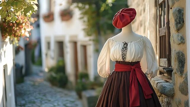 basque traditional outfit on mannequin in coastal village video
