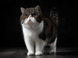 photograph of an exotic shorthair cat, full-body shot, standing on the floor with a black and white background
