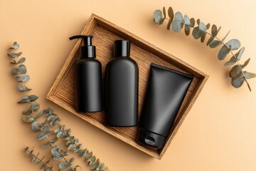 Black skincare bottles in wooden tray, eucalyptus sprigs