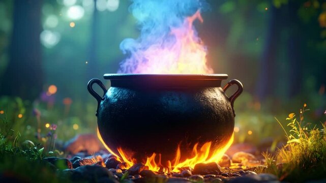 magic cauldron with colorful flames in the forest, Mystical Magic Cauldron with Colorful Flames,
Fantasy Witchcraft Ritual Scene, magic cauldron fire, Halloween Spooky Cauldron Fire