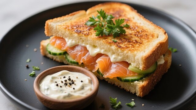 Grilled Sandwich with Smoked Salmon, Cucumber, and Creamy Sauce - Powered by Adobe