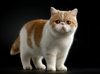 Obraz premium photograph of an exotic shorthair cat, full-body shot, standing on the floor with a black and white background