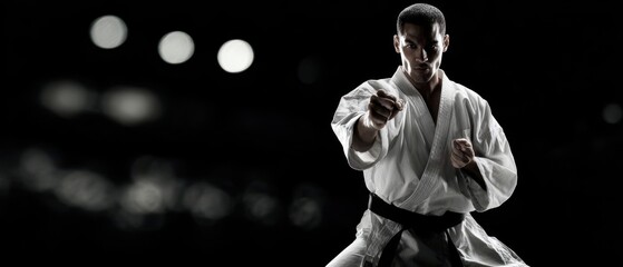 The martial artist delivering a powerful front punch in dramatic studio lighting