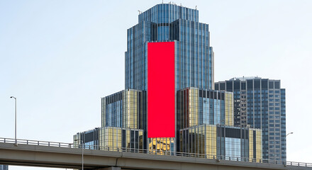 Obraz premium Modern City Skyscraper with Large Red Billboard and Elevated Highway