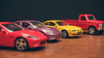 Colorful Toy Car Collection: Red, Yellow, Purple & Pickup Truck Models on Wooden Surface