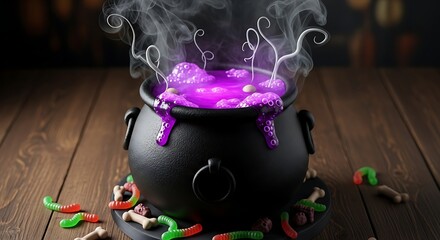 Spooky halloween cauldron bubbling with purple potion and gummy worms on a wooden table