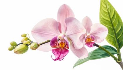 Obraz premium A delicate and minimalist watercolor composition of a clean pastel orchid branch with green leaves against a white background.