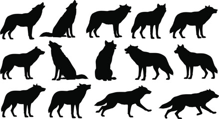 Wolf silhouettes in various poses, howling, standing, walking, running, perfect for wildlife designs, logo creation, tattoo art, and animal vector illustrations