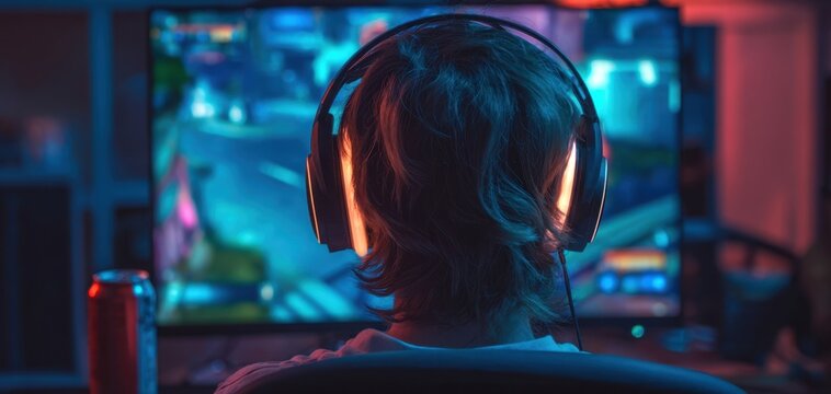 The Gamer Immersed in a Neon Lit Room Playing Late Night PC Games with Headphones - Powered by Adobe