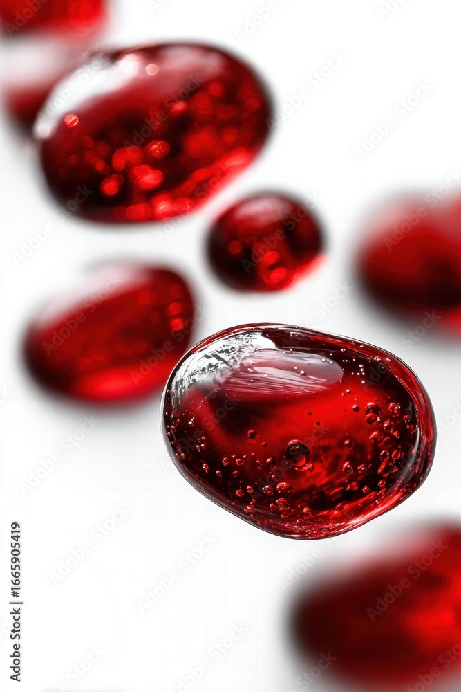 Poster vibrant red, transparent objects float against a clean white background, a captivating abstract comp