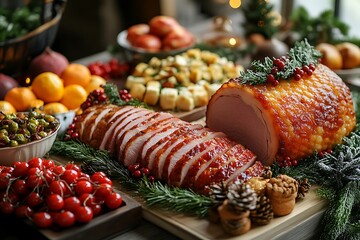 Sliced glazed ham with festive Christmas dinner spread and decorations sliced ham holiday meal