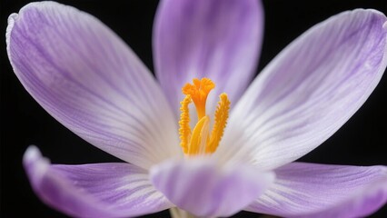 Fototapeta premium Close-up of a Purple Crocus Flower with Vibrant Yellow Stamen Against a Black Background