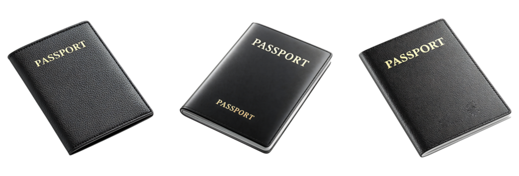 Black leather passport cover isolated on transparent background.