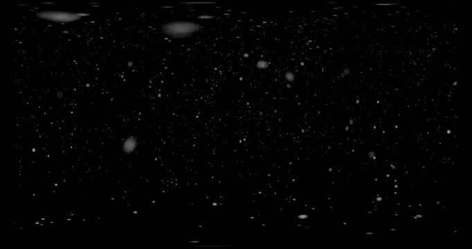 Snow falling in 360&deg; equirectangular looped video with strong intensity on black background. Ideal overlay for VR, winter, festive or holiday projects.