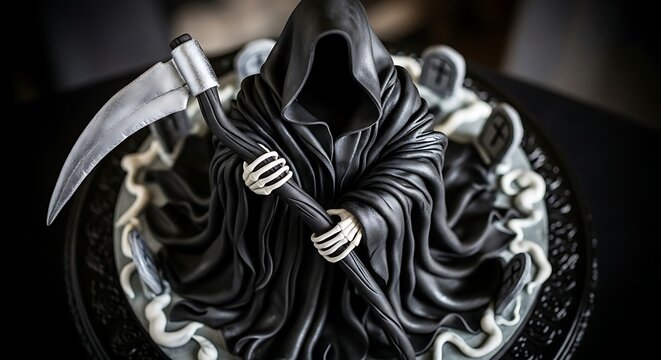 Grim reaper cake with scythe and tombstones for a spooky halloween celebration