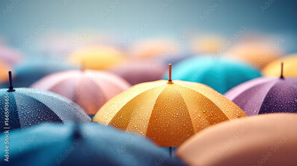 Poster vibrant umbrellas in the rain, creating a colorful and dynamic composition of raindrops.