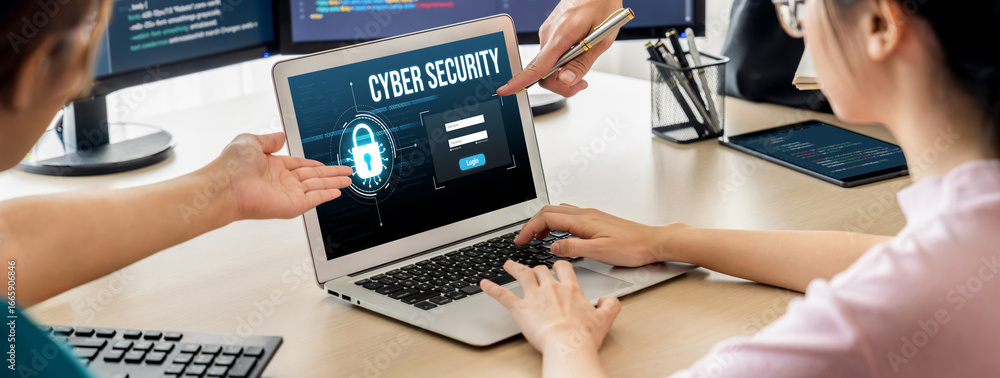 Poster cyber security system on computer screen protect private information brisk from hacker and cyber att