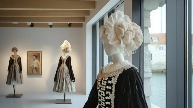 bigouden headdress costume on mannequin in coastal french gallery, zoom out video