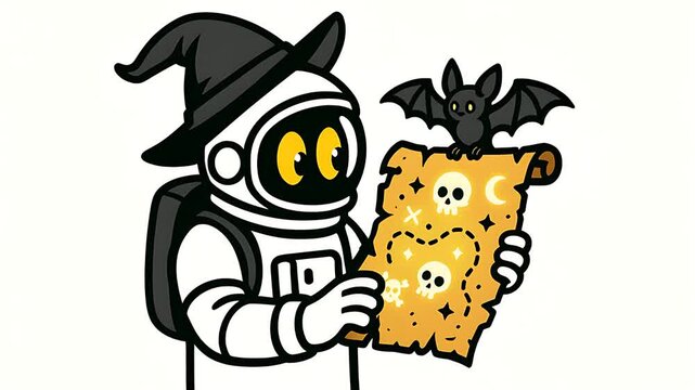 Astronaut Wizard Reads Spooky Treasure Map with Bat