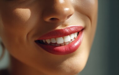 Close-up of a smiling mouth with glossy red lipstick and bright white teeth, showing smooth skin and a polished, confident smile.