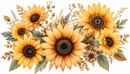 A beautiful and warm watercolor bouquet of sunflowers and foliage, featuring neutral and earthy tones against a clean white background.