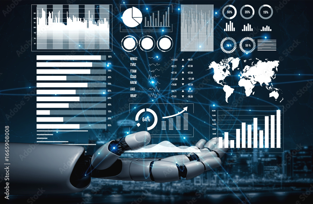 Poster futuristic robot hand interacting with data visualizations and digital analytics in a high-tech envi