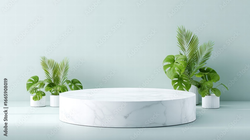Poster minimalist product display platform with plants, ideal for showcasing items in a modern setting.